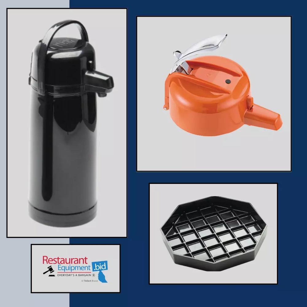 Service Ideas ECALS22PBLK 2.4L Airpot with ELLOR Levor Orange Lid and Drip Trays